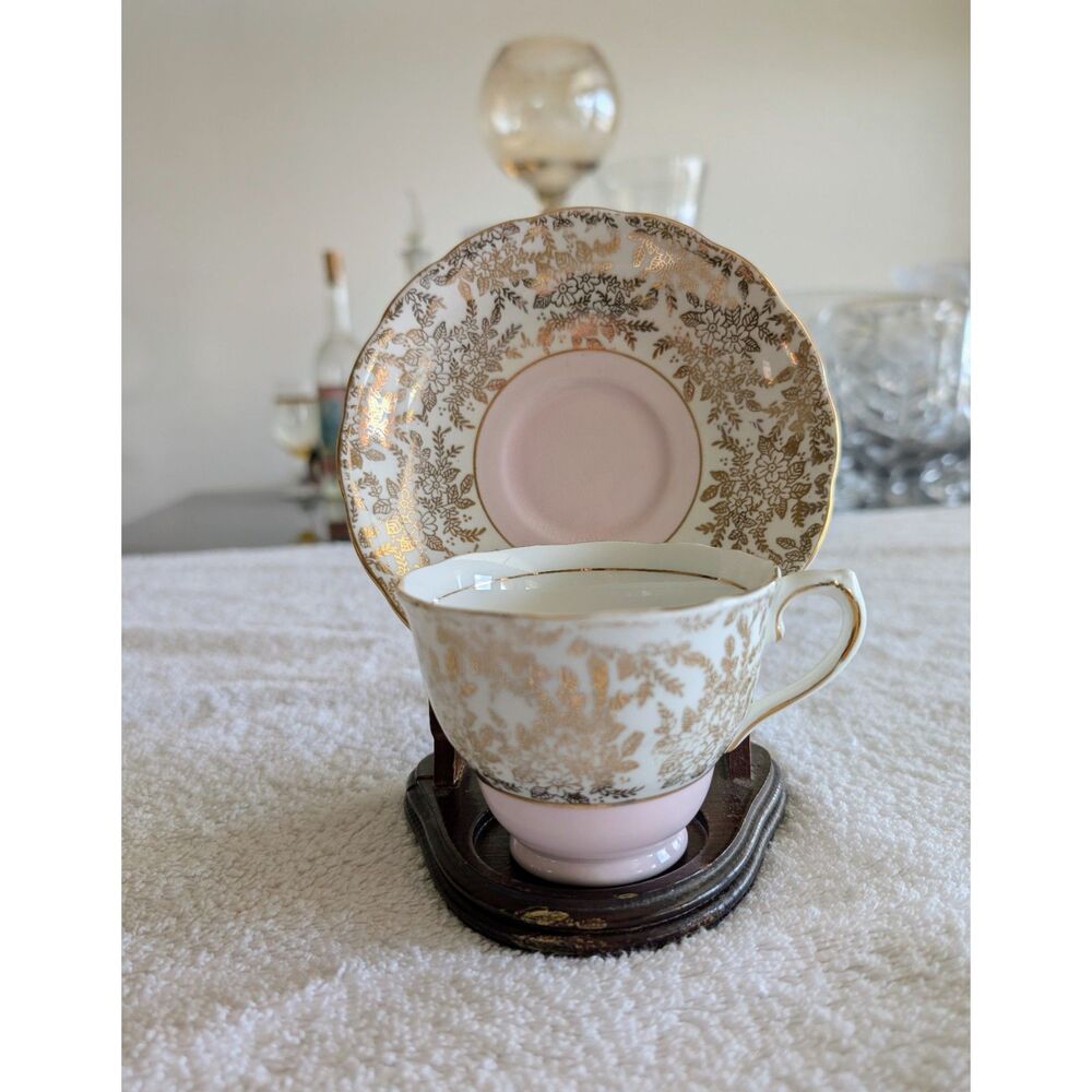 Colclough Bone China Teacup & Saucer Pink Gold Floral England Vintage